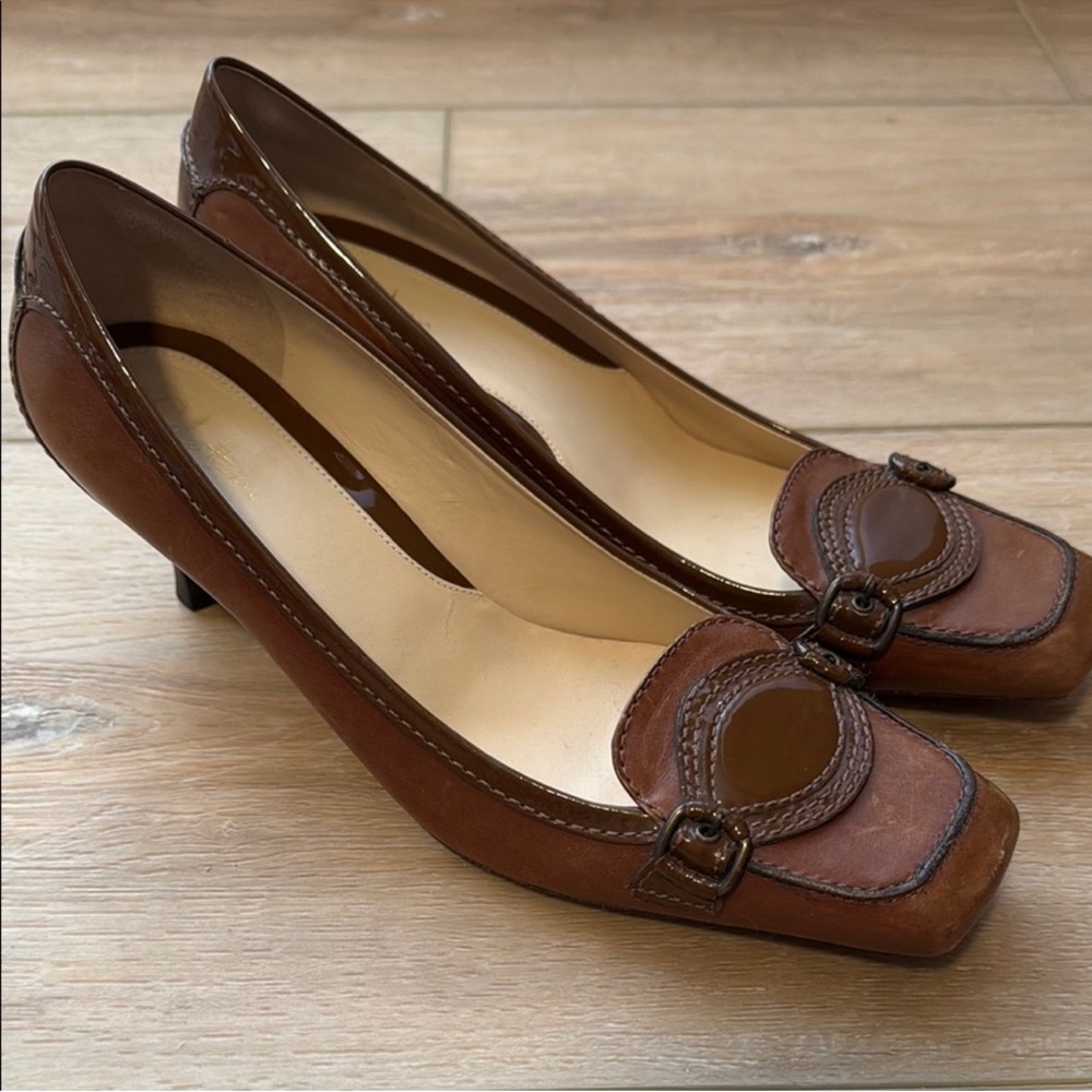 Cole Haan Brown Leather Pumps Brown Buckle Kitten Heel Women Shoes - Picture 15 of 16